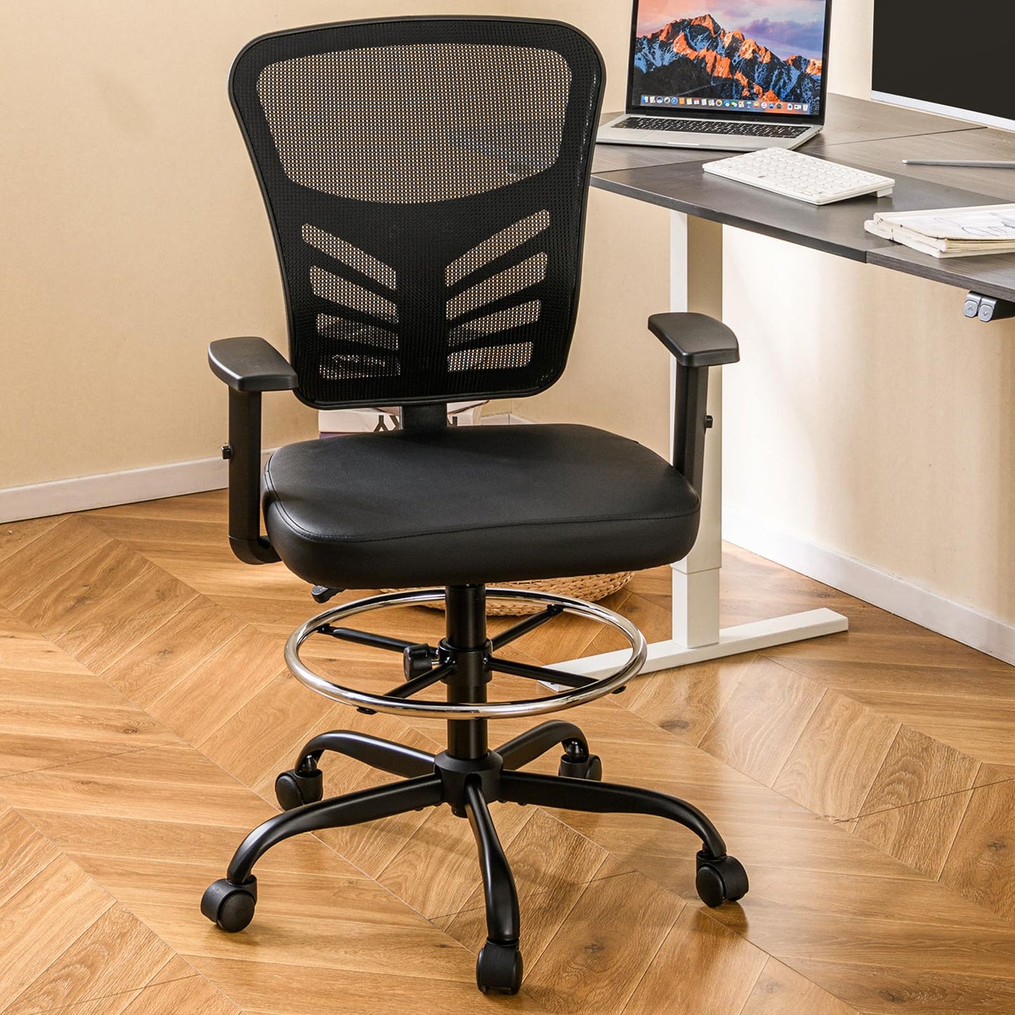 Height-adjustable Drafting Chair with Adjustable Armrests and Footrest Ring