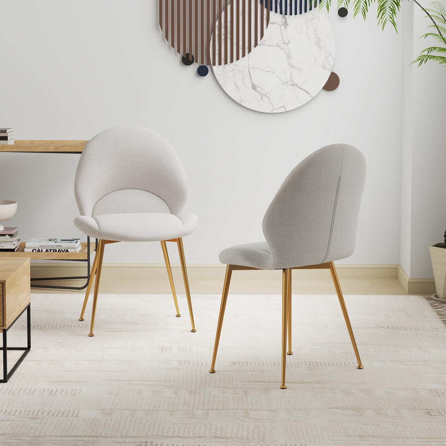 Set of 2 Upholstered Accent Chairs with Curved Backrest Adjustable Foot Pads