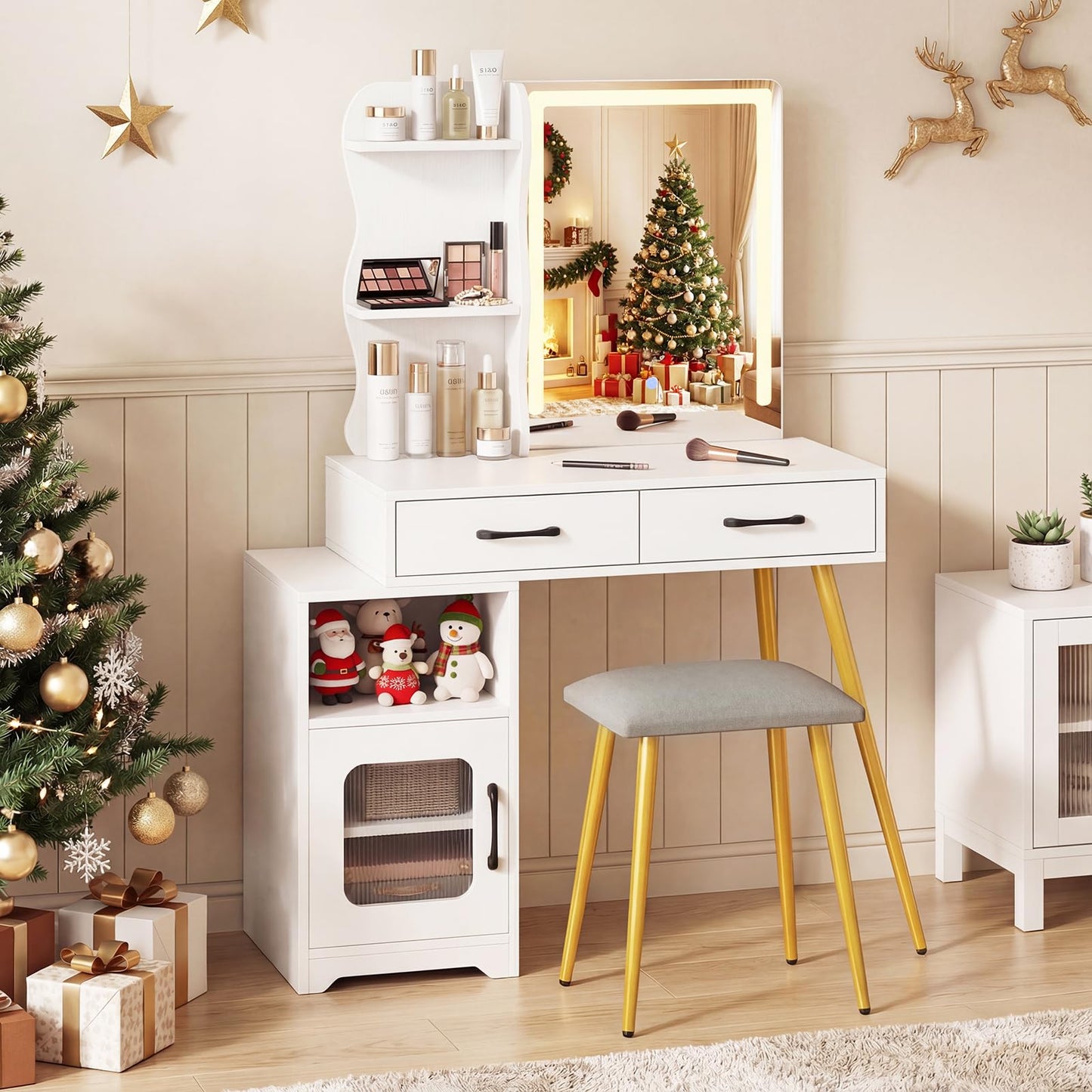 Dressing Table with LED Mirror and Stool, Makeup Table Vanity Desk Set