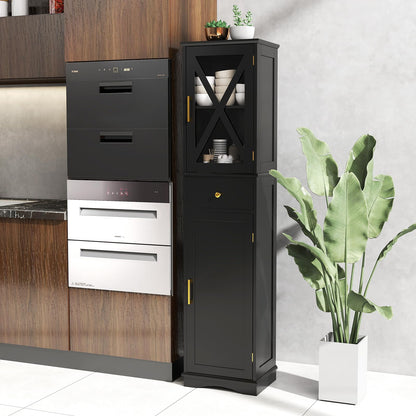 Wooden Freestanding Bathroom Tall Cabinet with 2 Doors & Adjustable Shelves