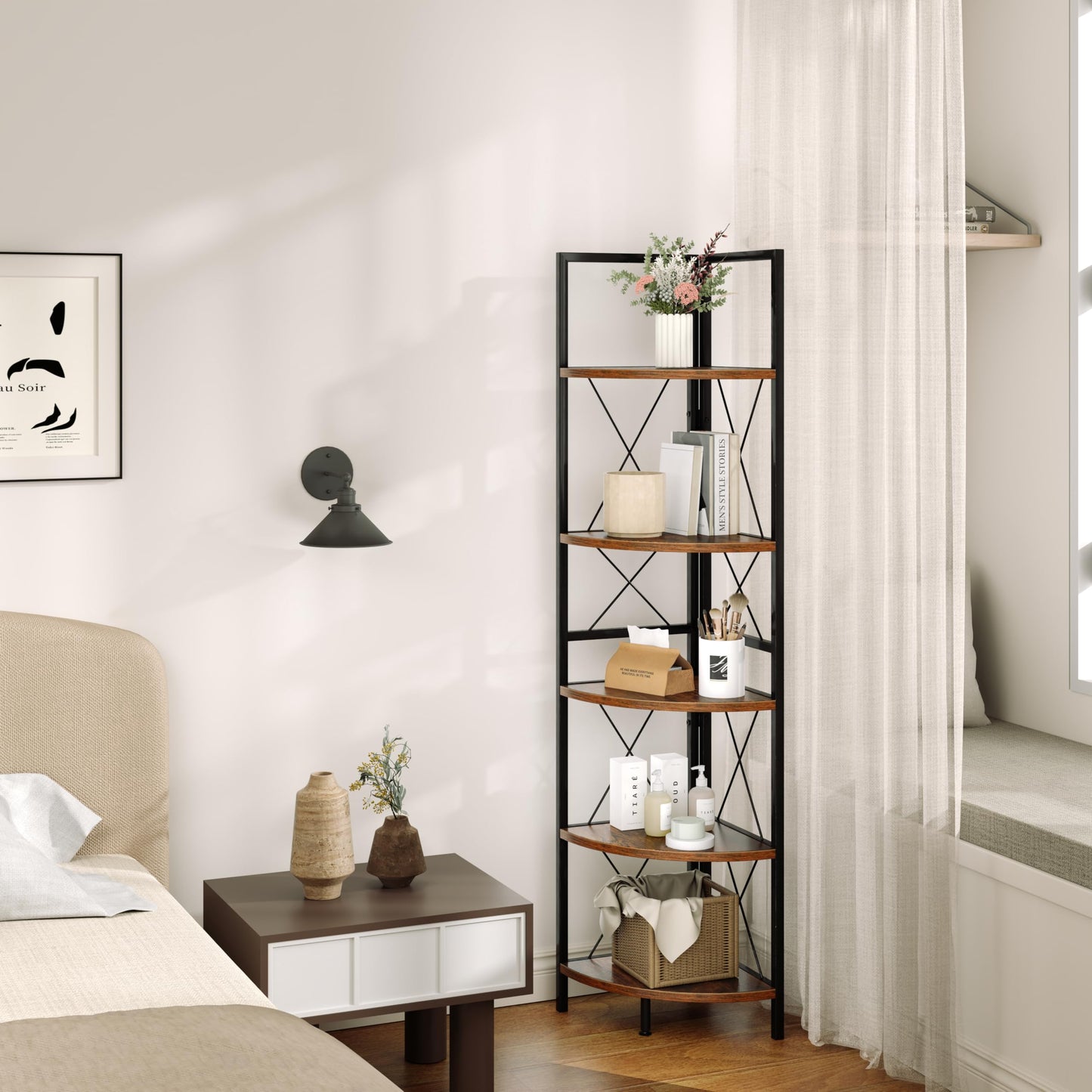 160 CM 5 tier Corner Bookshelf with Metal Frame X-shaped Brackets