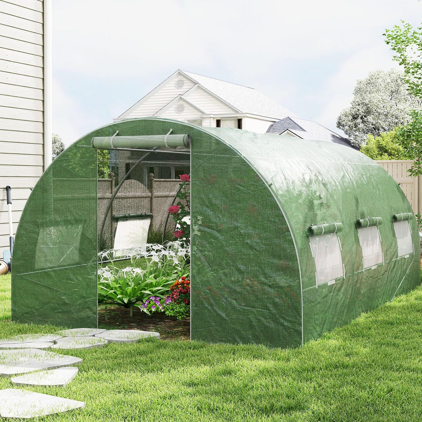 400 x 300 x 200 cm Outdoor Walk-in Tunnel Greenhouse 8 Roll-up Windows