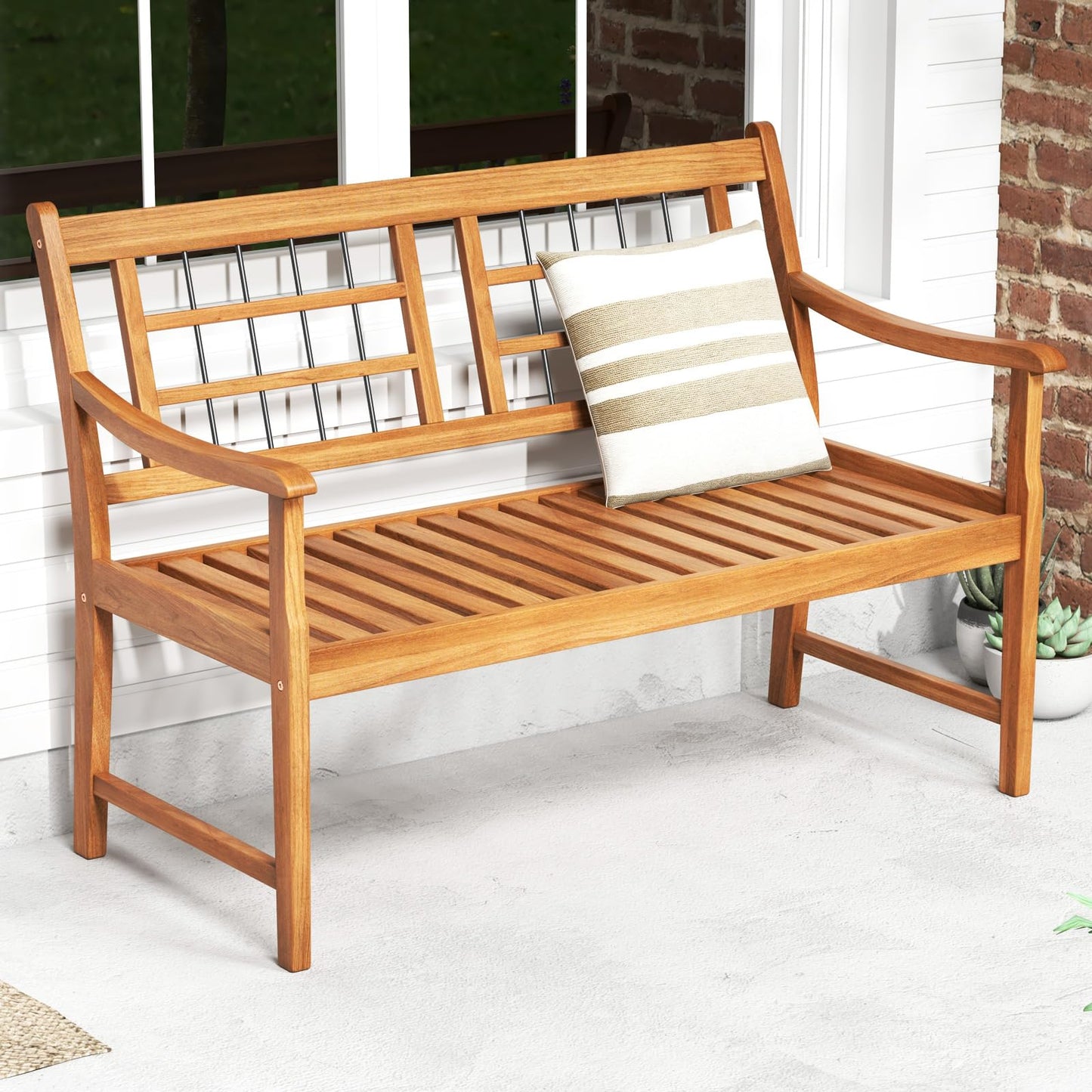 Patio Acacia Wood Bench Wooden 2 Person Outside Chair
