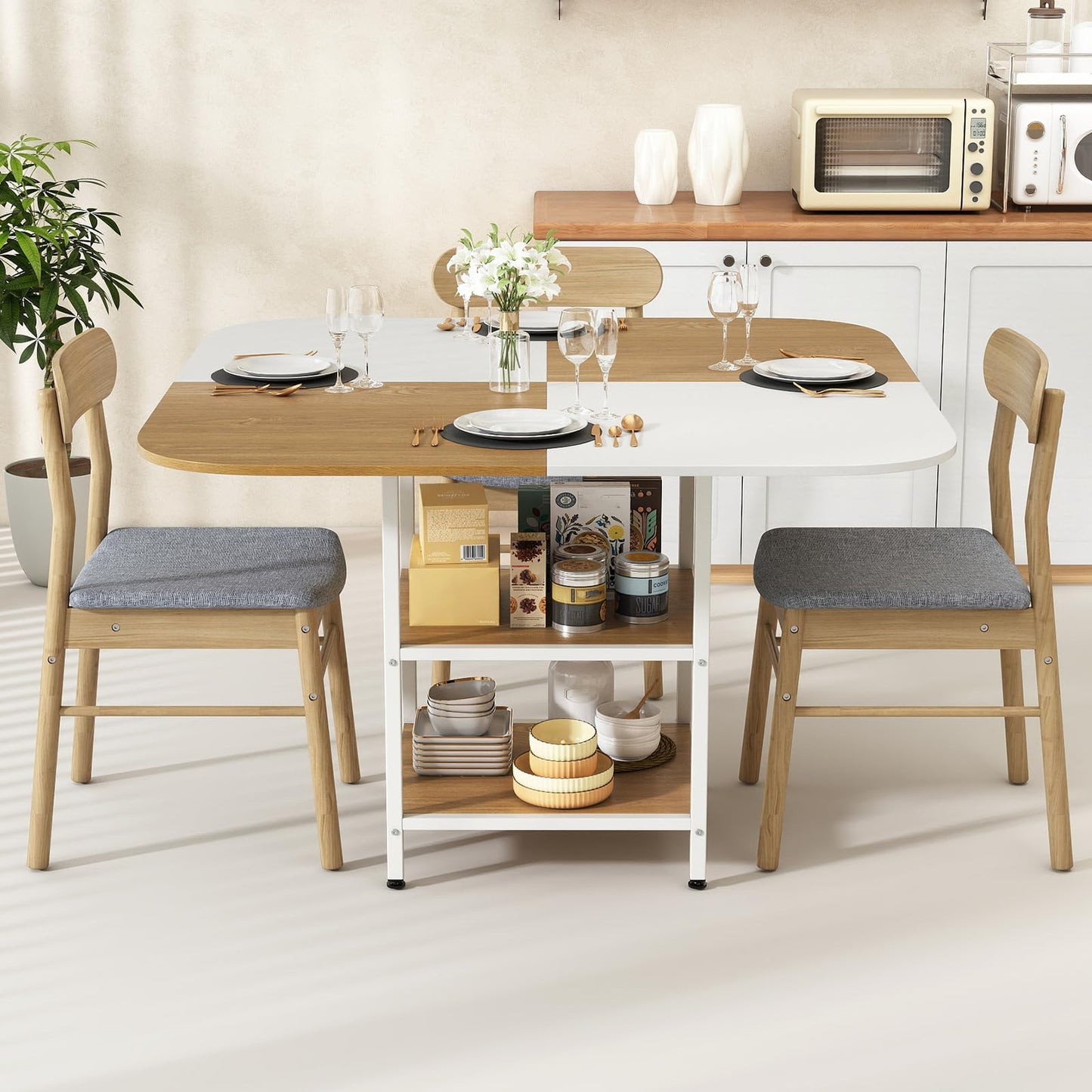 Dining Table for 4, 120 x 120cm Square Wooden Kitchen Tables with 2-Layer Storage Rack