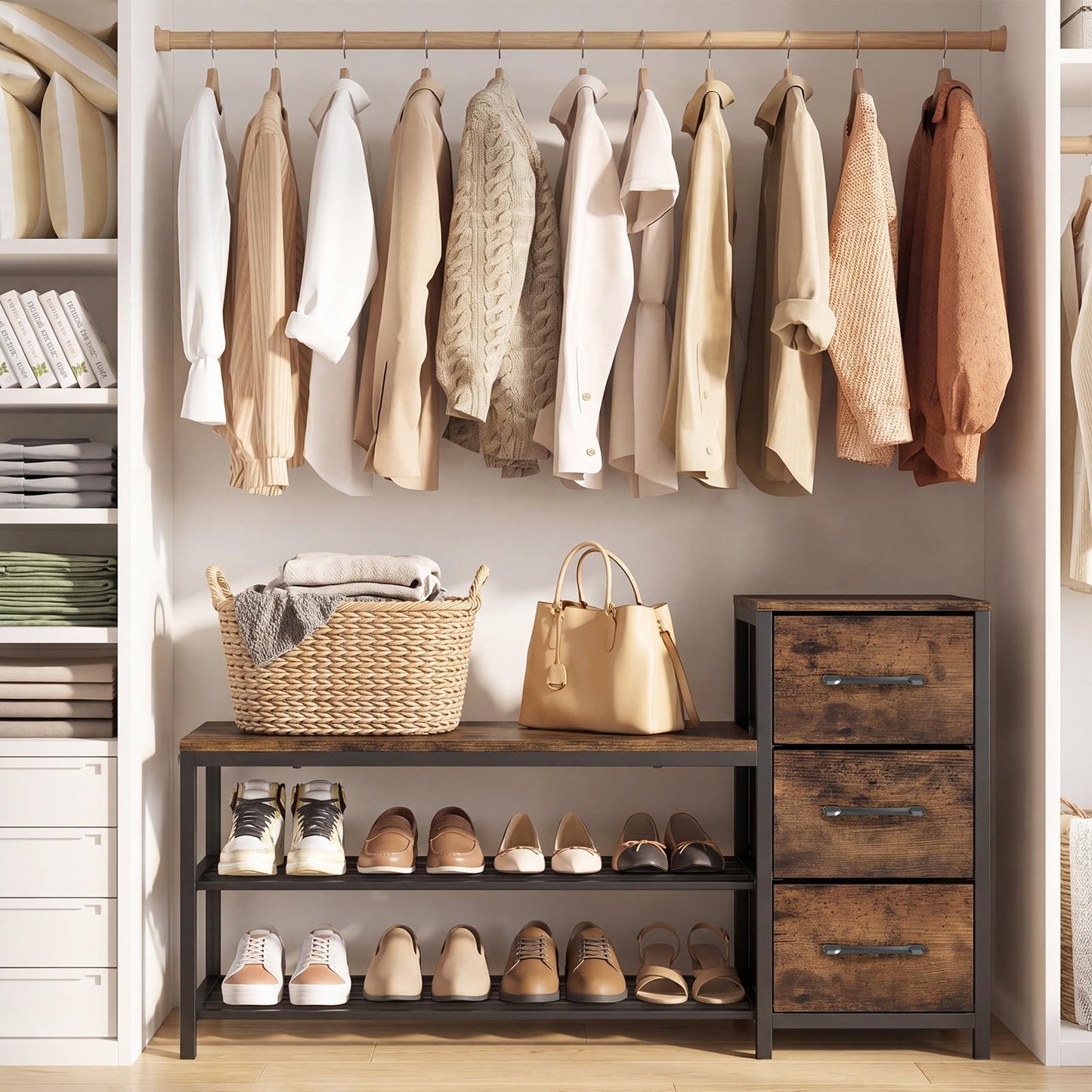Industrial Shoe Bench with 3 Removable Drawers and Anti-Toppling Kits for Entryway