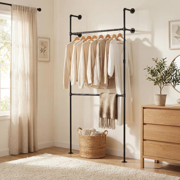 Telescopic Clothes Rail, 2-Tier Walk-in Closet System Open Wardrobe Organiser with 2/4 Hanging Rails