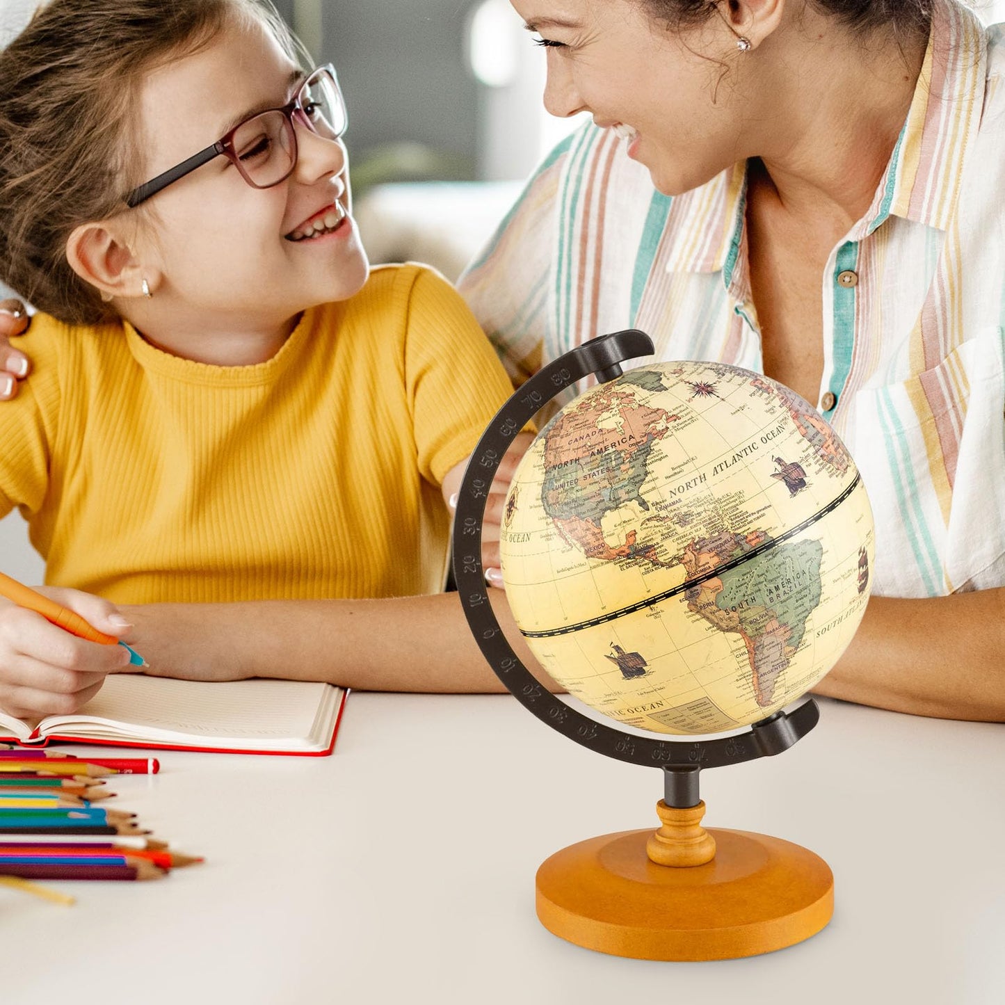 Antique Globe Dia 14cm with Wooden Base and Modern Map