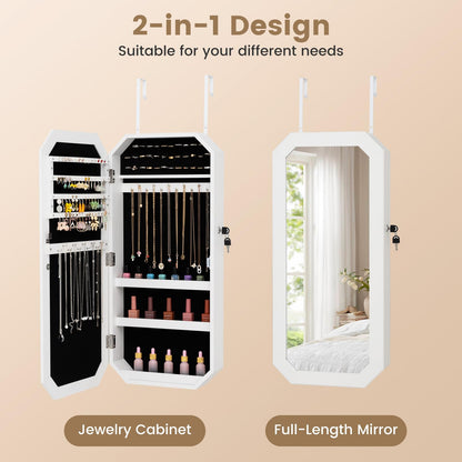Lockable Full-Length Mirror Jewelry Cabinet with Storage Shelves for Bedroom