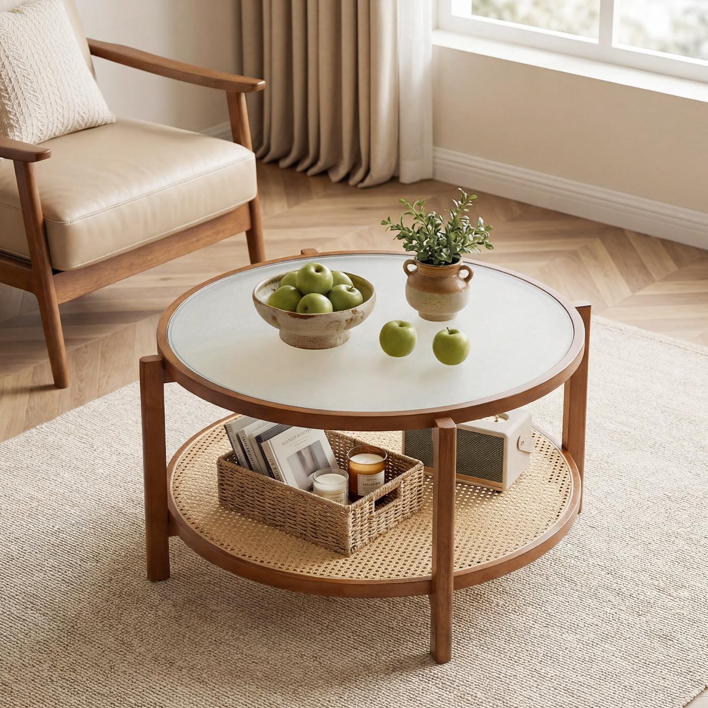 Rattan Coffee Table with Tempered Glass Top for Living Room