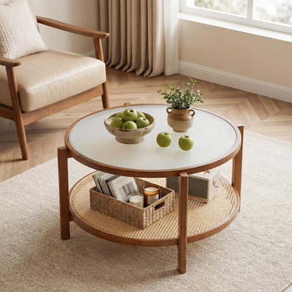 Rattan Coffee Table with Tempered Glass Top for Living Room