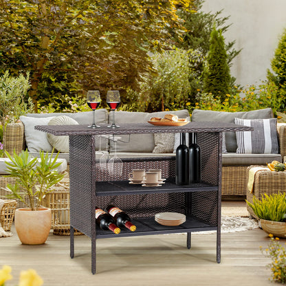 All Weather Wicker Bar Counter Table with 2 Metal Mesh Shelves