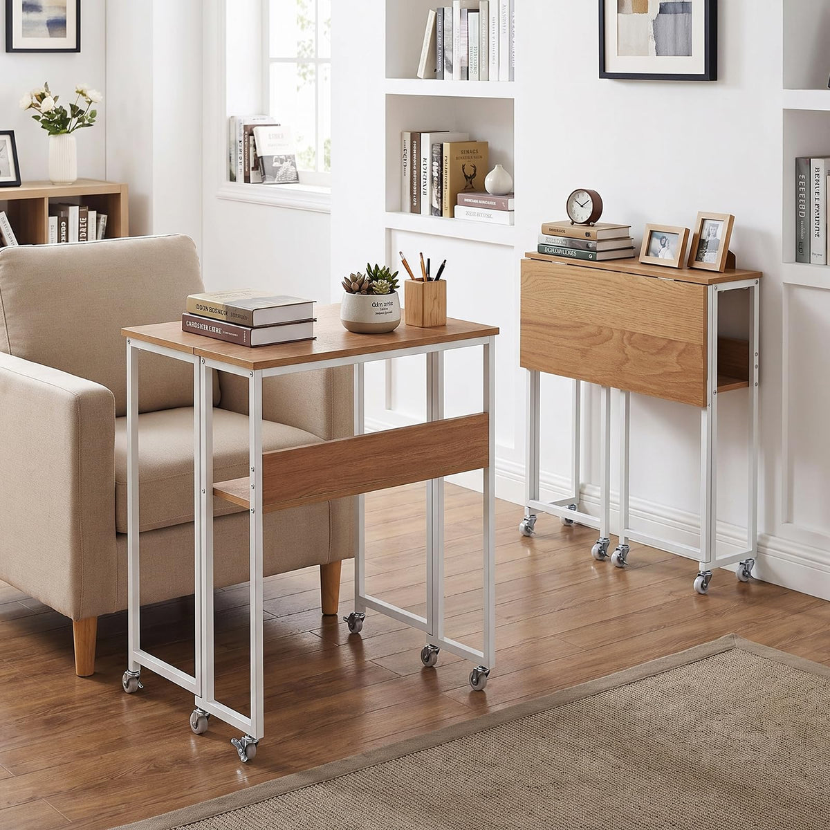 63 cm Small Folding Desk with Smooth Rolling Wheels and Storage Shelf for Home Office