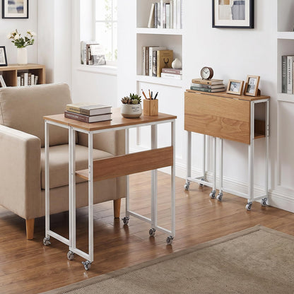 63 cm Small Folding Desk with Smooth Rolling Wheels and Storage Shelf for Home Office