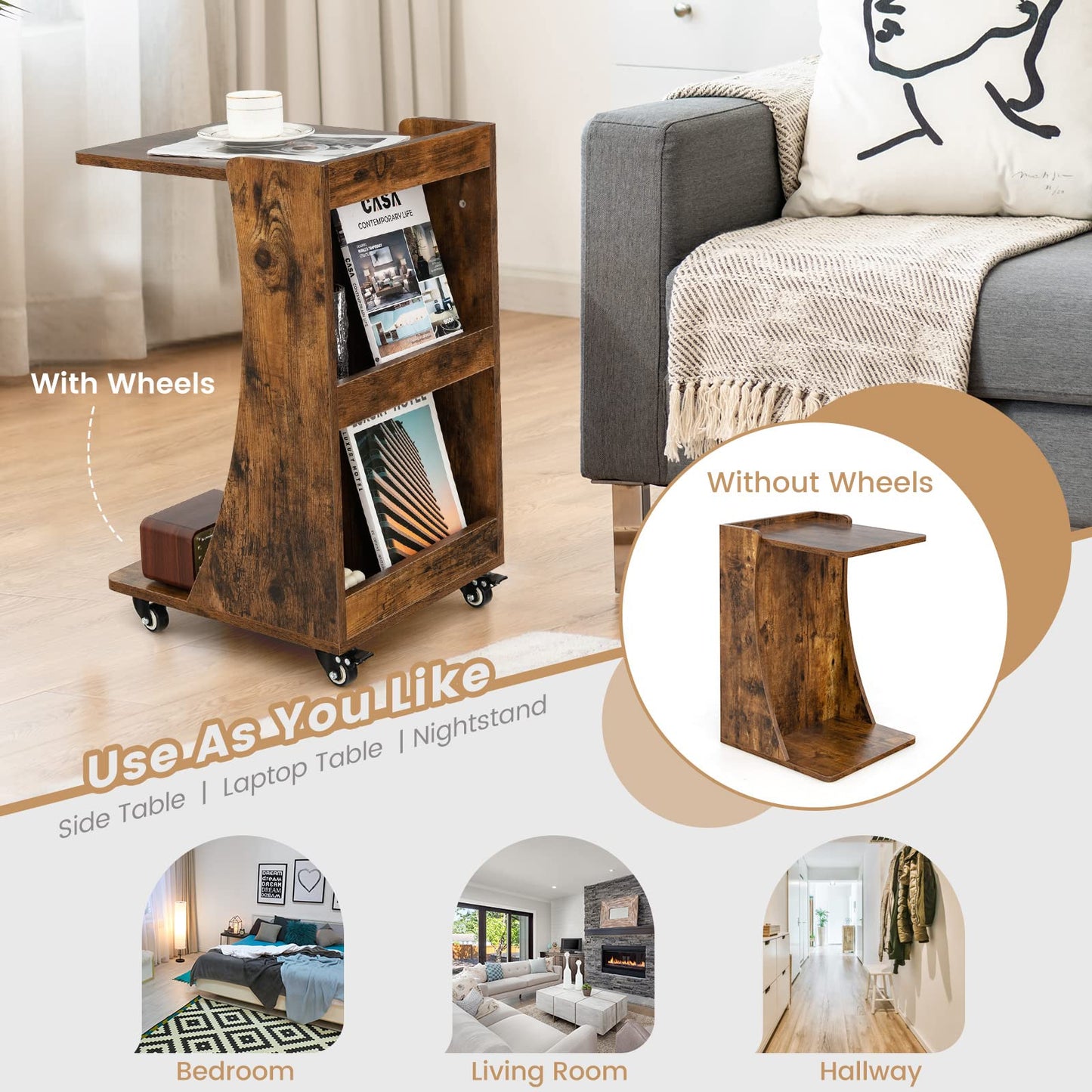 C-Shaped Side Table with Storage Shelf for Bedroom and Living Room