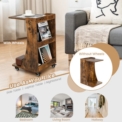 C-Shaped Side Table with Storage Shelf for Bedroom and Living Room