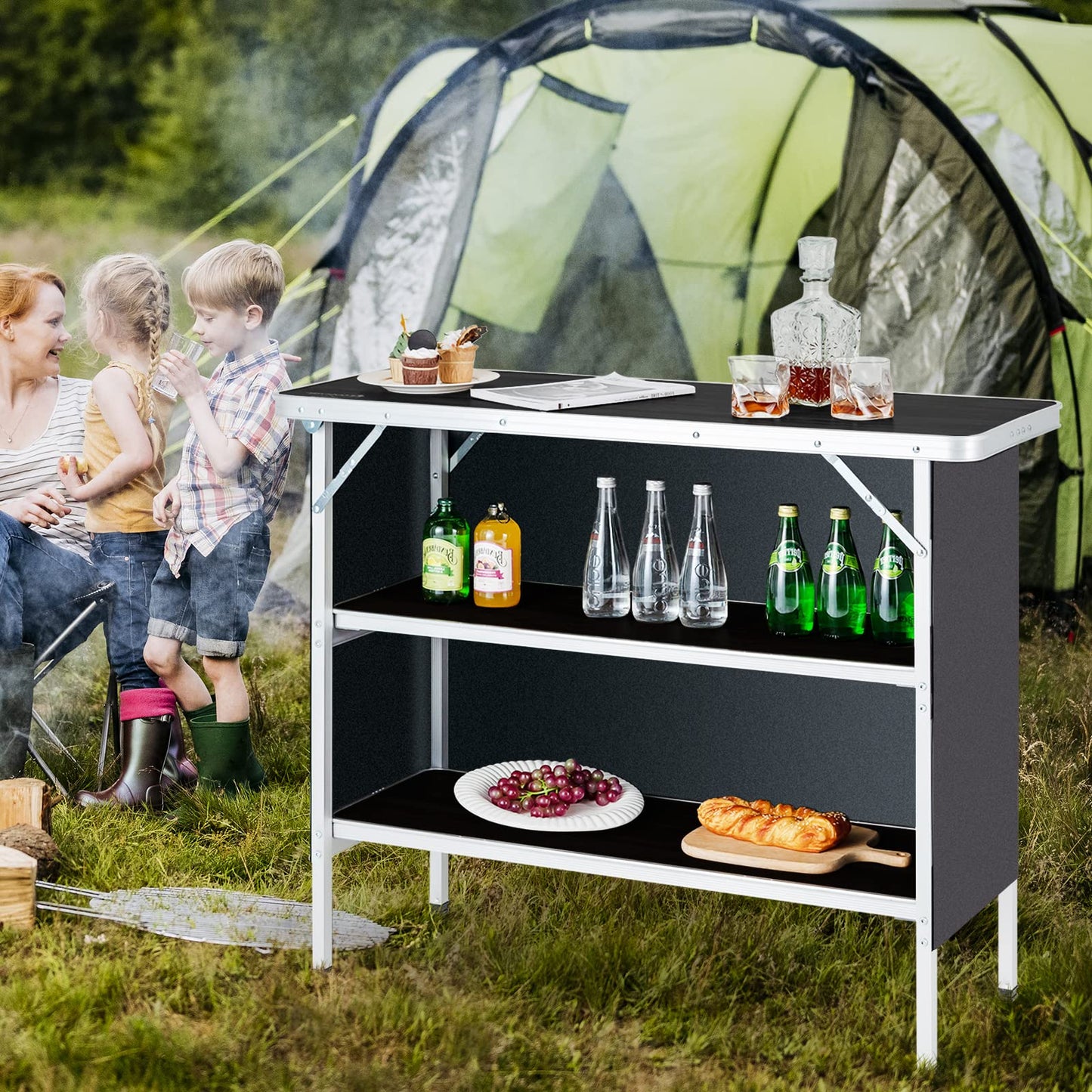 Aluminum Portable Picnic Table with 2 Tier Open Shelves