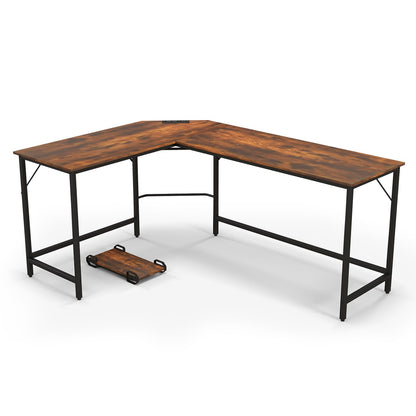 下架-排插有问题L-Shaped Computer Desk, 168cm Metal Frame Corner Writing Workstation with Charging Station