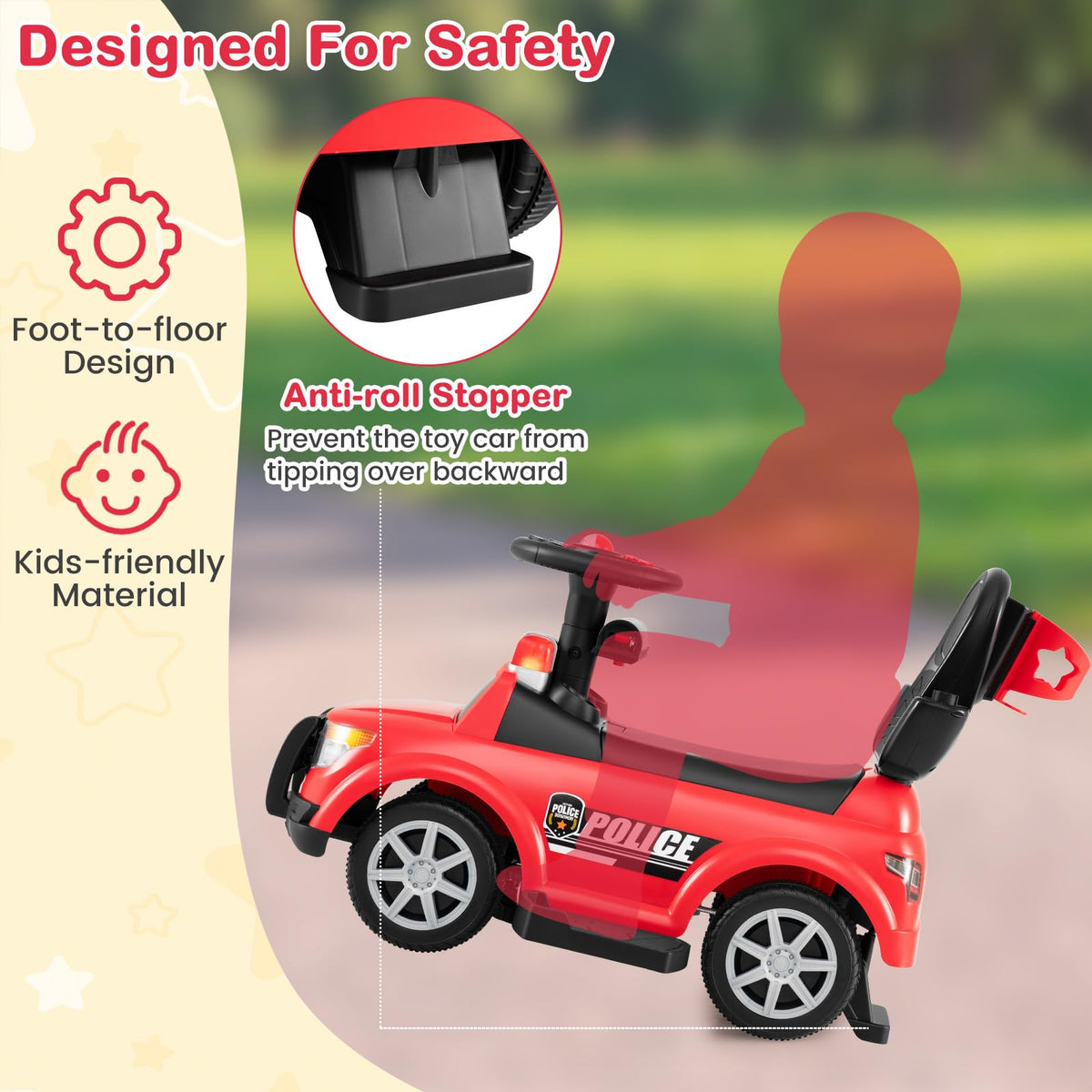 3 in 1 Kids Ride on Push Car, Push Along Car with Light