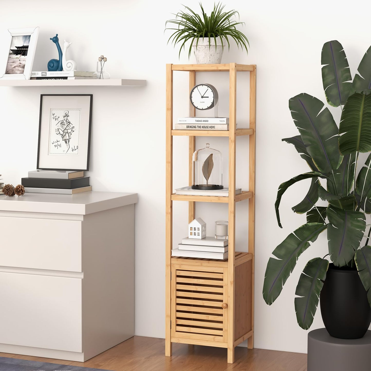 Freestanding Storage Cupboard with Shuttered Door and Open Shelves