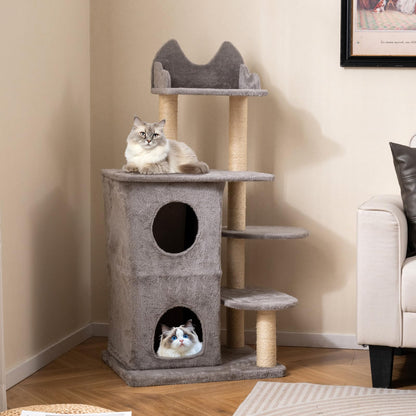 Cat Tree, 123cm Tall Multi-Layer Cats Tower with Plush Perch, 2-story Condo, 3 Hideaway Caves
