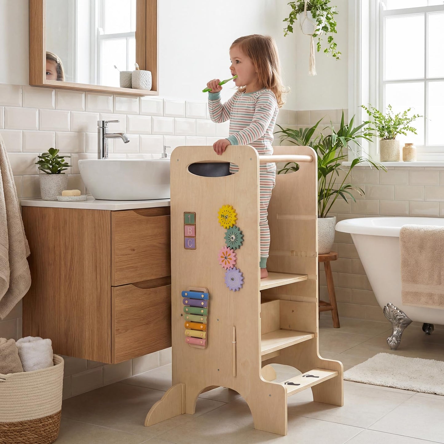 Toddler Step Stool Wooden Kids Standing Tower with Safety Rails