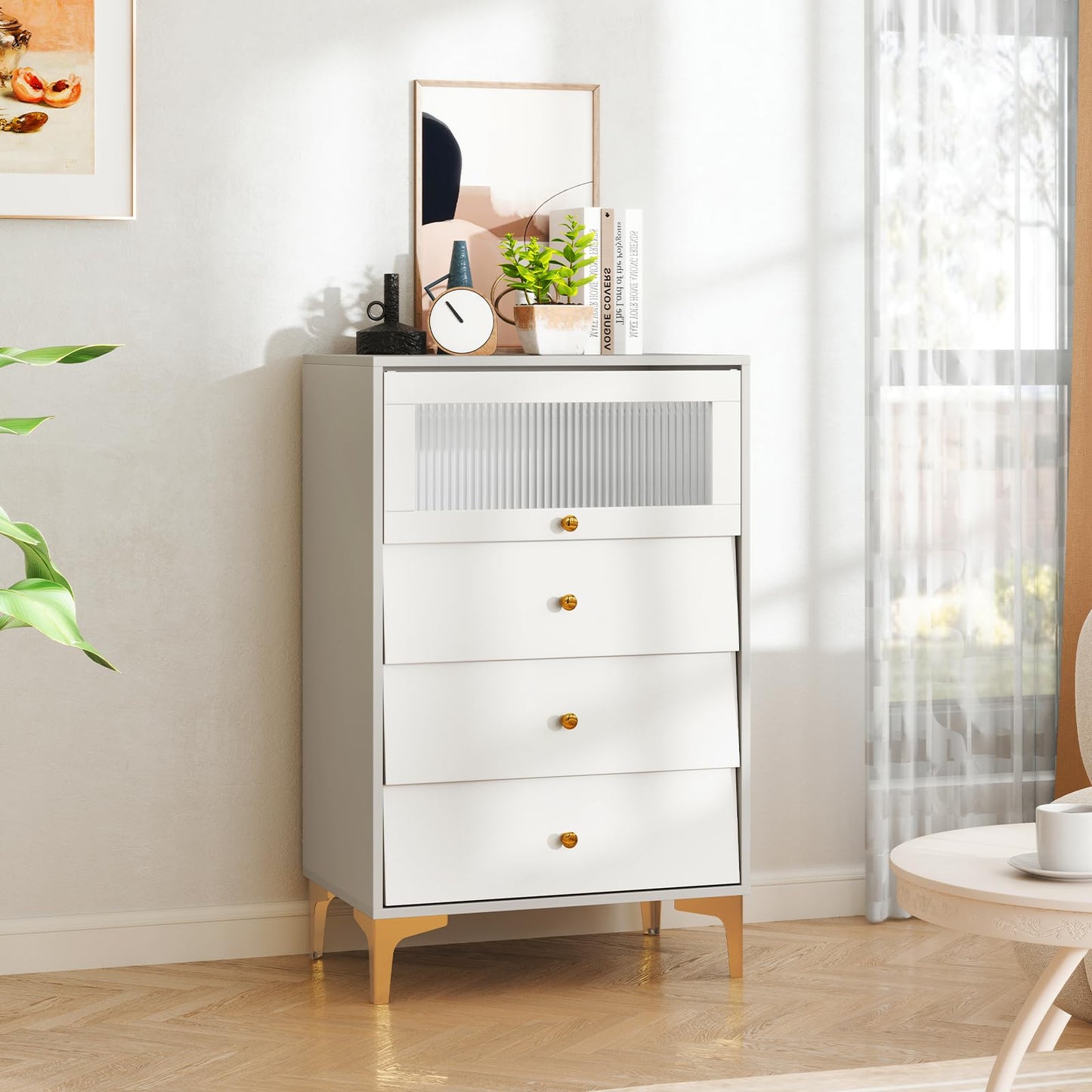 3 Drawer Dresser Cabinet with Flip Up Fluted Glass Door