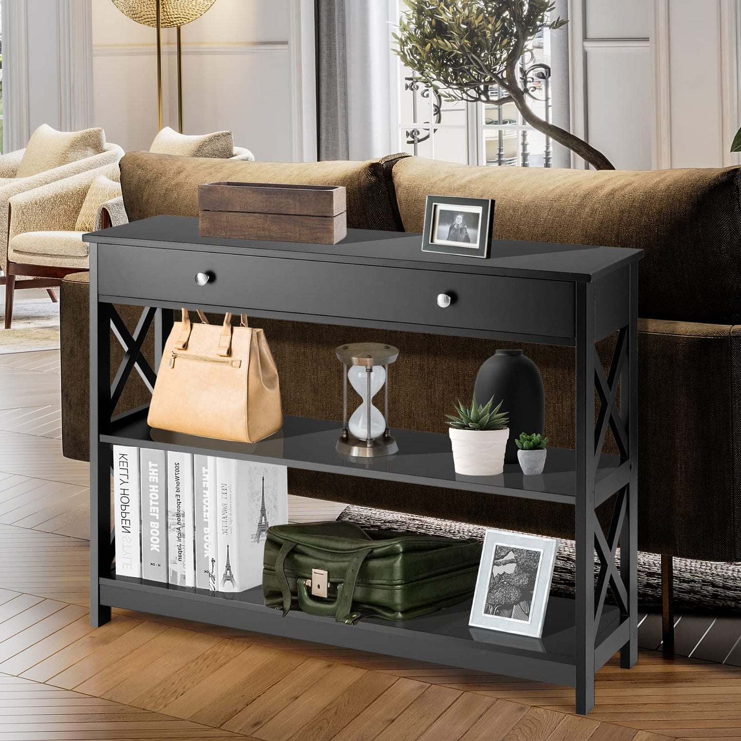 X-Shaped Sofa Side End Table with Drawer and 2 Storage Shelves