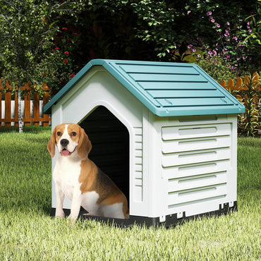 Plastic Dog House, Indoor Outdoor Pet Shelter with Metal Lockable Door