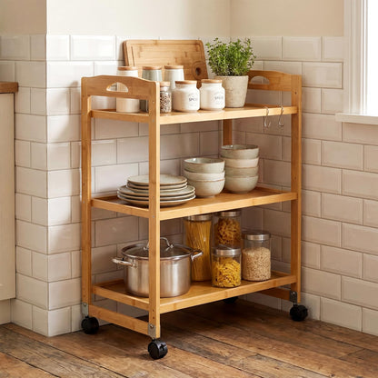 3-Tier Bamboo Rolling Cart with 2 Lockable Wheels and 3 Hooks for Kitchen