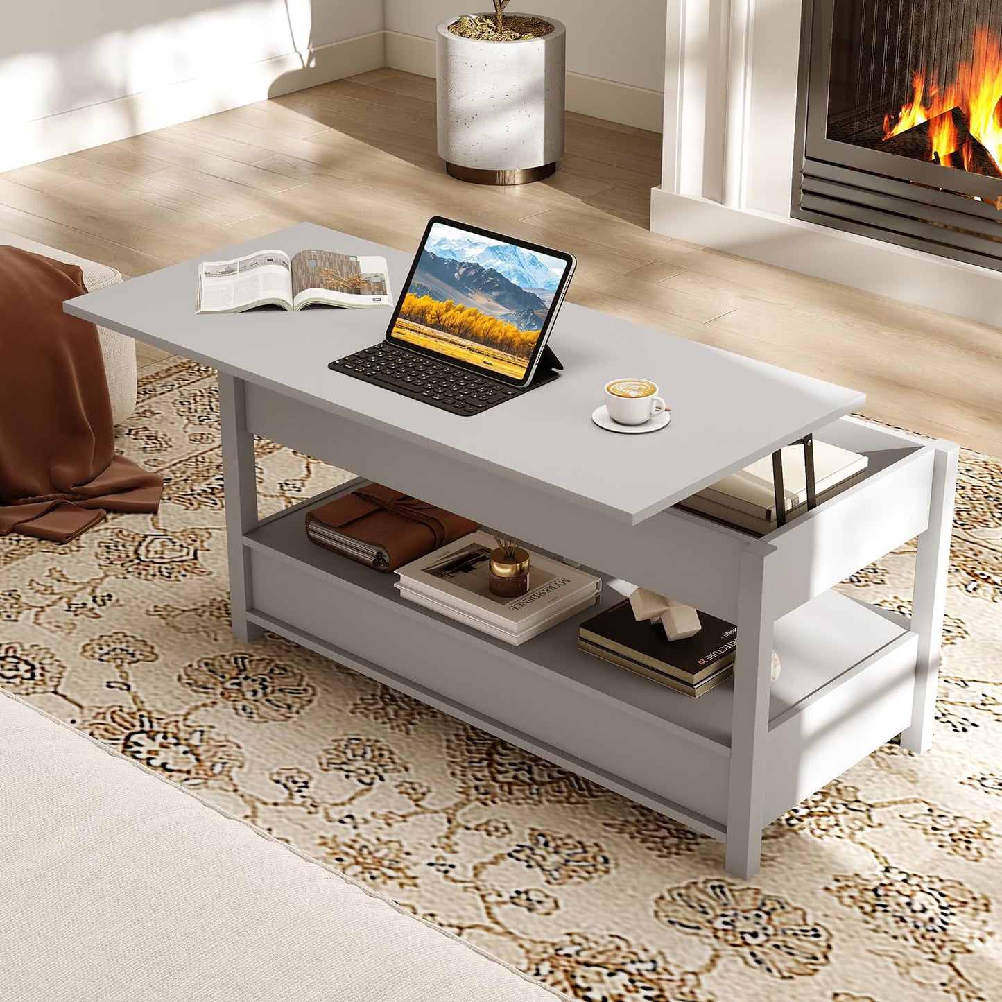 Lift Up Top Coffee Table, Wooden Lifting Cocktail Center Table with Hidden Storage Compartment