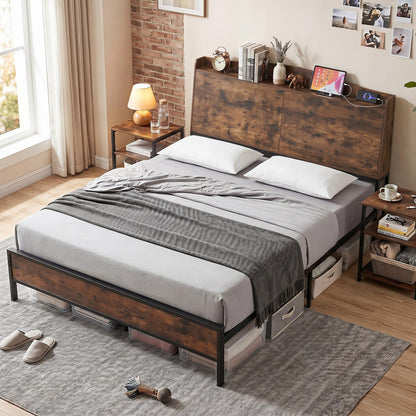 King Size Industrial Metal Platform Bed Frame with Charging Station and Storage Headboard