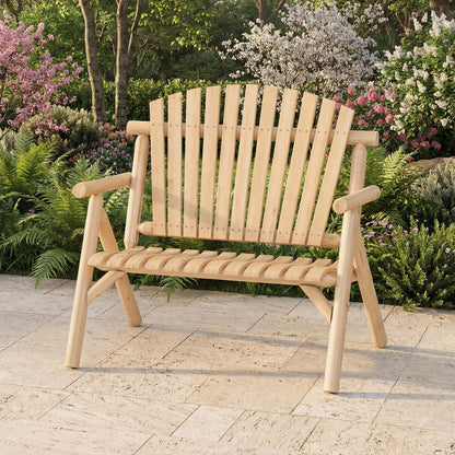 2-PersonLog Wood Patio Bench with Slatted Backrest Built-in Armrest and Curved Seat