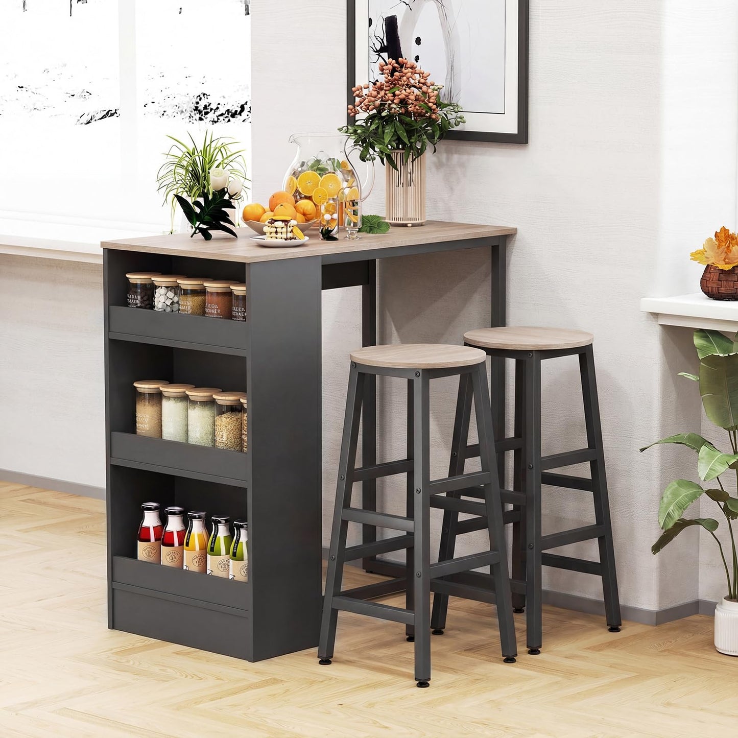 3 Piece Bar Table Set, Dining Table and 2 Stools with 3-Tier Side Shelves & Footrest