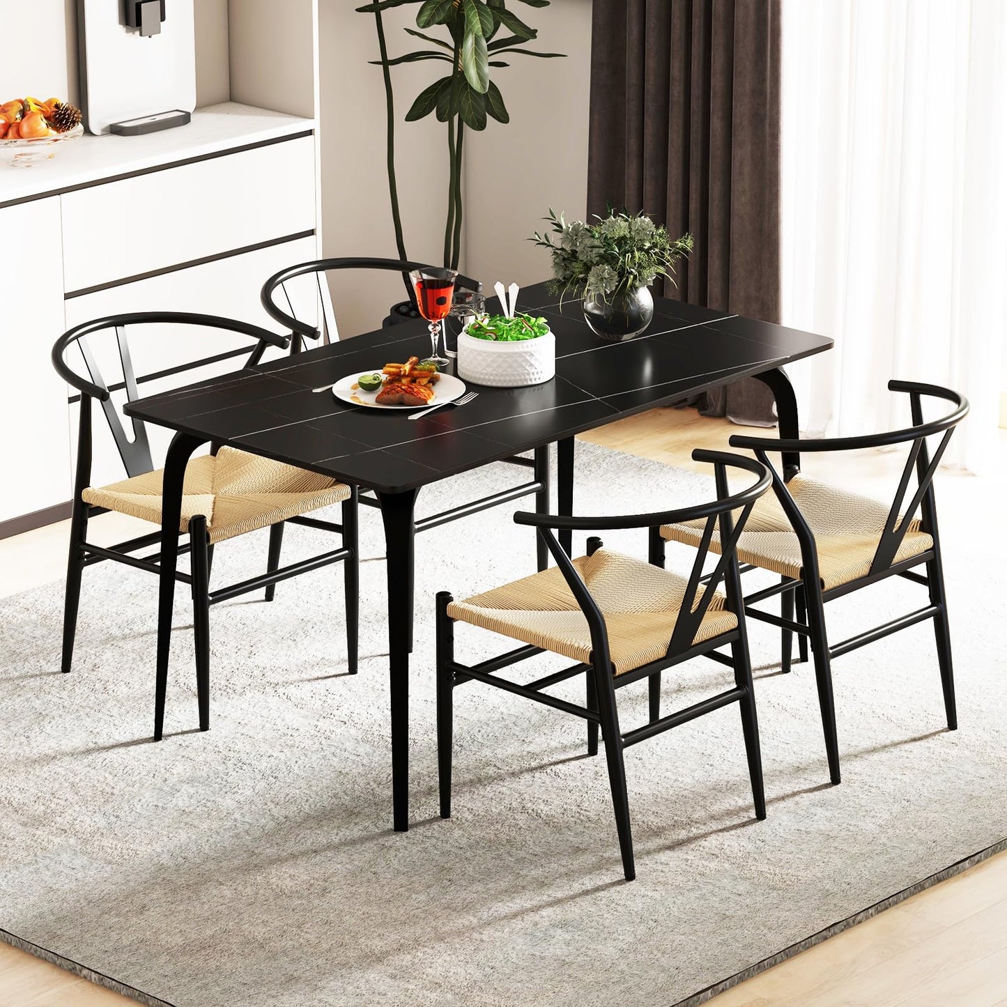 Weave Dining Chair Set of 2 Mid-Century Modern Metal Kitchen Dinner Accent Side Armchair