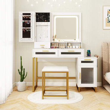 Dressing Table and Chair Set with 3 Lighting Modes and Adjustable Brightness