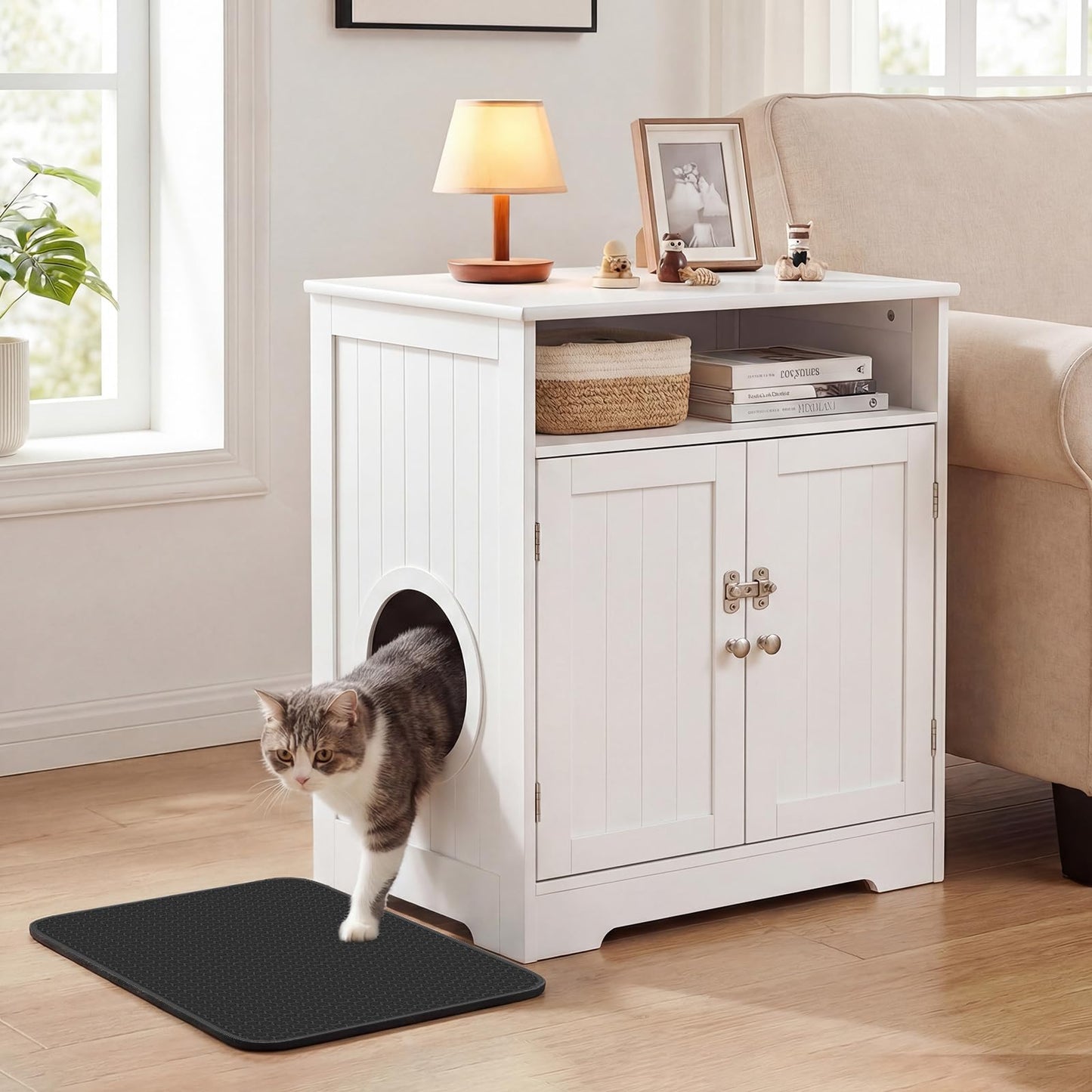 Cat Litter Box Enclosure, Wooden Kitty Hidden Washroom Furniture