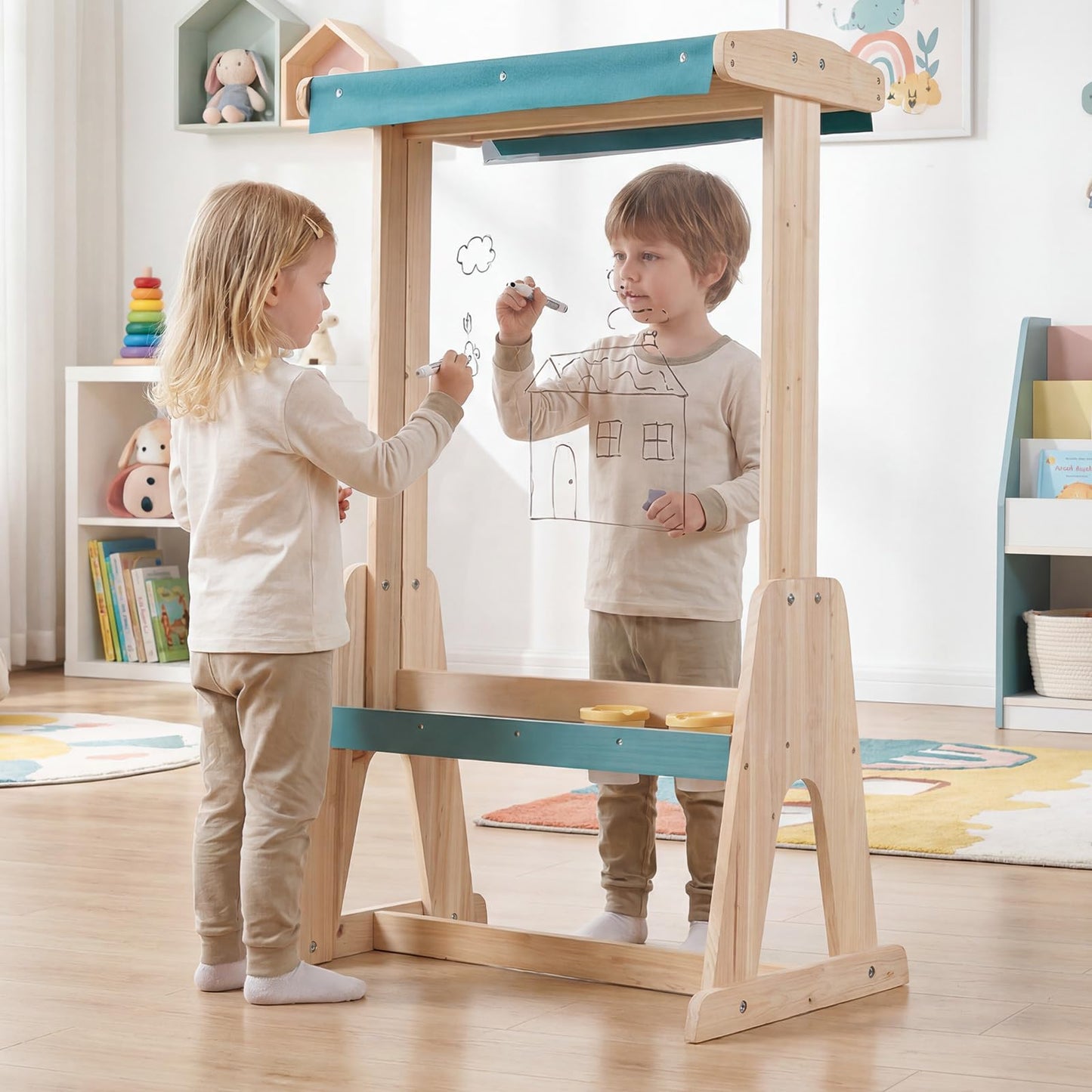 Kids Art Easel, Fir Wood Frame Children’s Double-Sided Easel