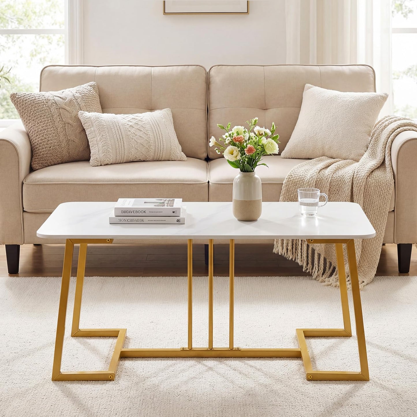 Coffee Table for Living Room, 90cm Marble Effect Center Table