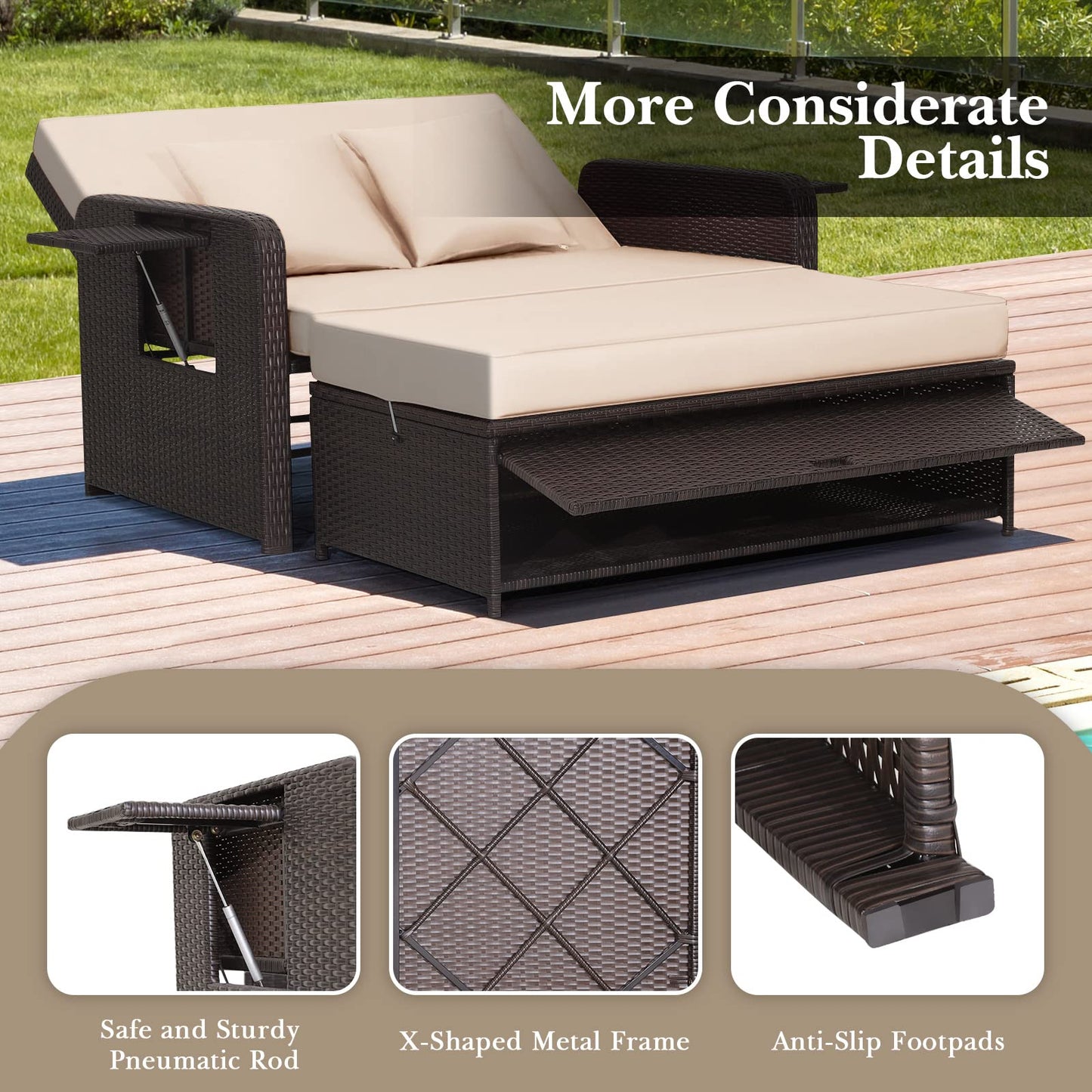 Garden Rattan Daybed, 4-Level Adjustable Patio Wicker Loveseat Sofa Bed Sun Lounger