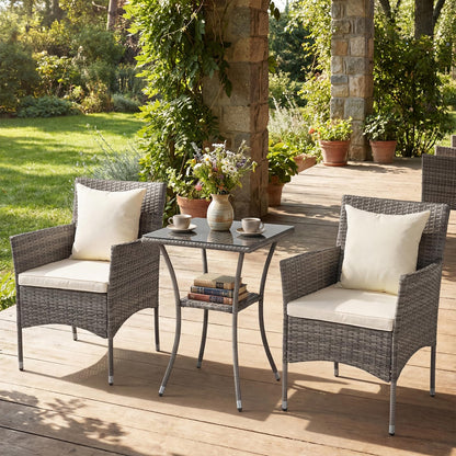 3-Piece Patio Bistro Set, PE Rattan Furniture Set with 2 Cushioned Chairs and Tempered Glass Table
