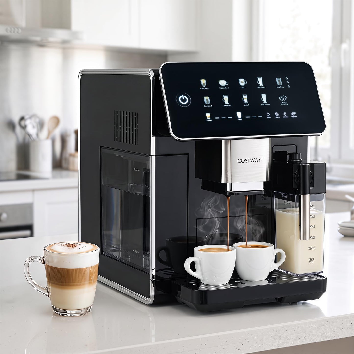 All-in-One Grind and Brew Coffee Maker with Milk Frother and Auto Self-Cleaning