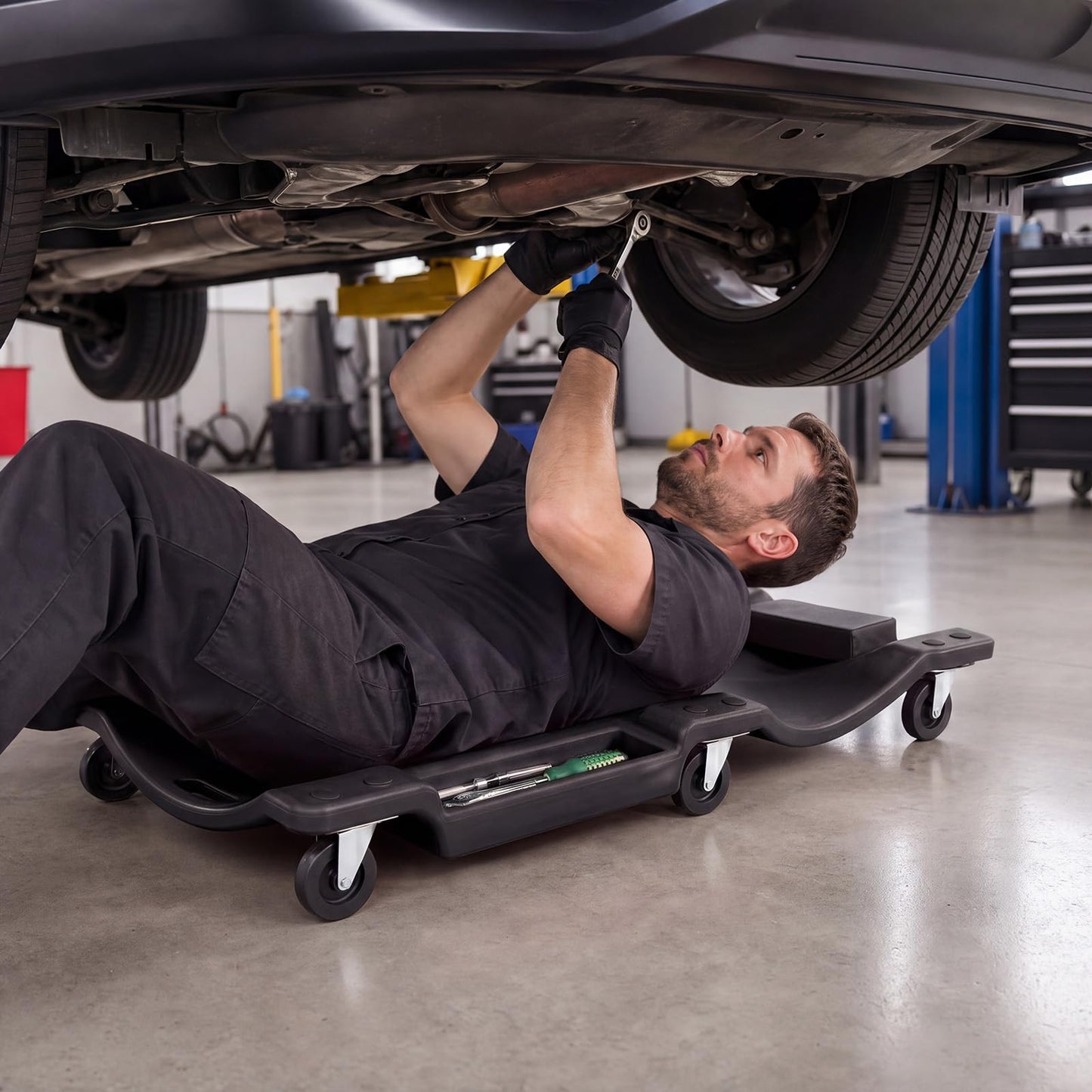 36/40 Inch Mechanic Creeper with Padded Headrest & 2 Tool Trays