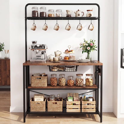 Kitchen Island with Power Outlet, Metal Coffee Bar Table with3 Open Shelves, 6 Hooks & Pull-out Basket, Industrial Bakers Rack Stationary Storage Island for Dining Room,