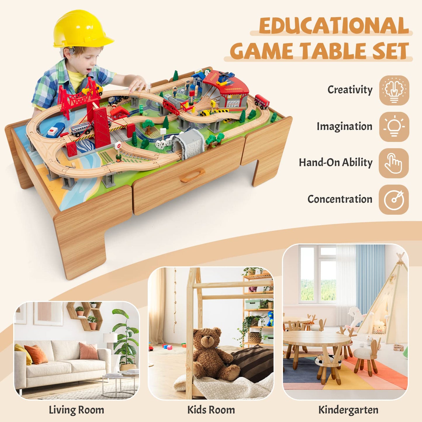 Wooden Train Track Set with Reversible Tabletop 100 Pieces Toy and Storage Drawer