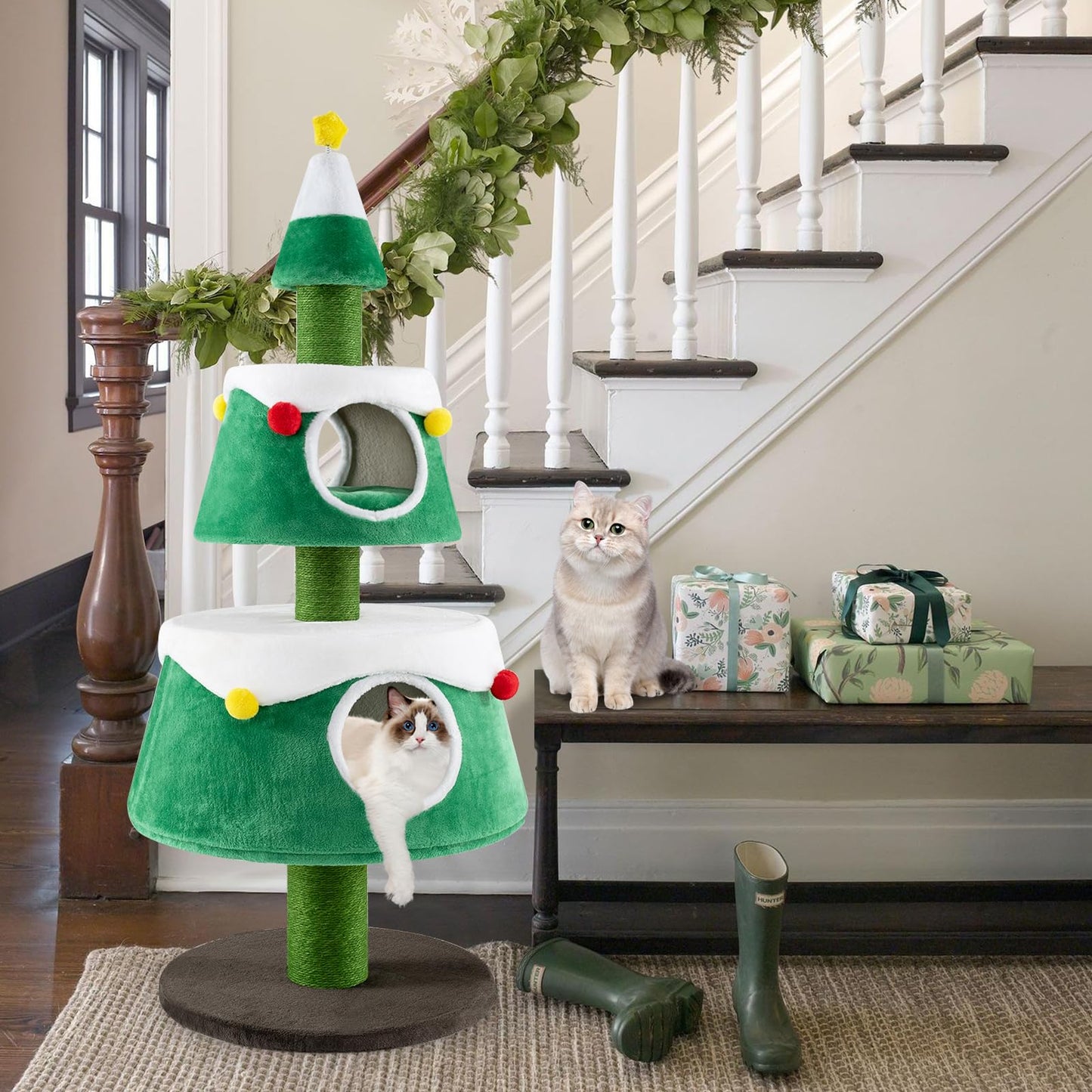 153cm Christmas Tree Shape Cats Tower with 2 Condos