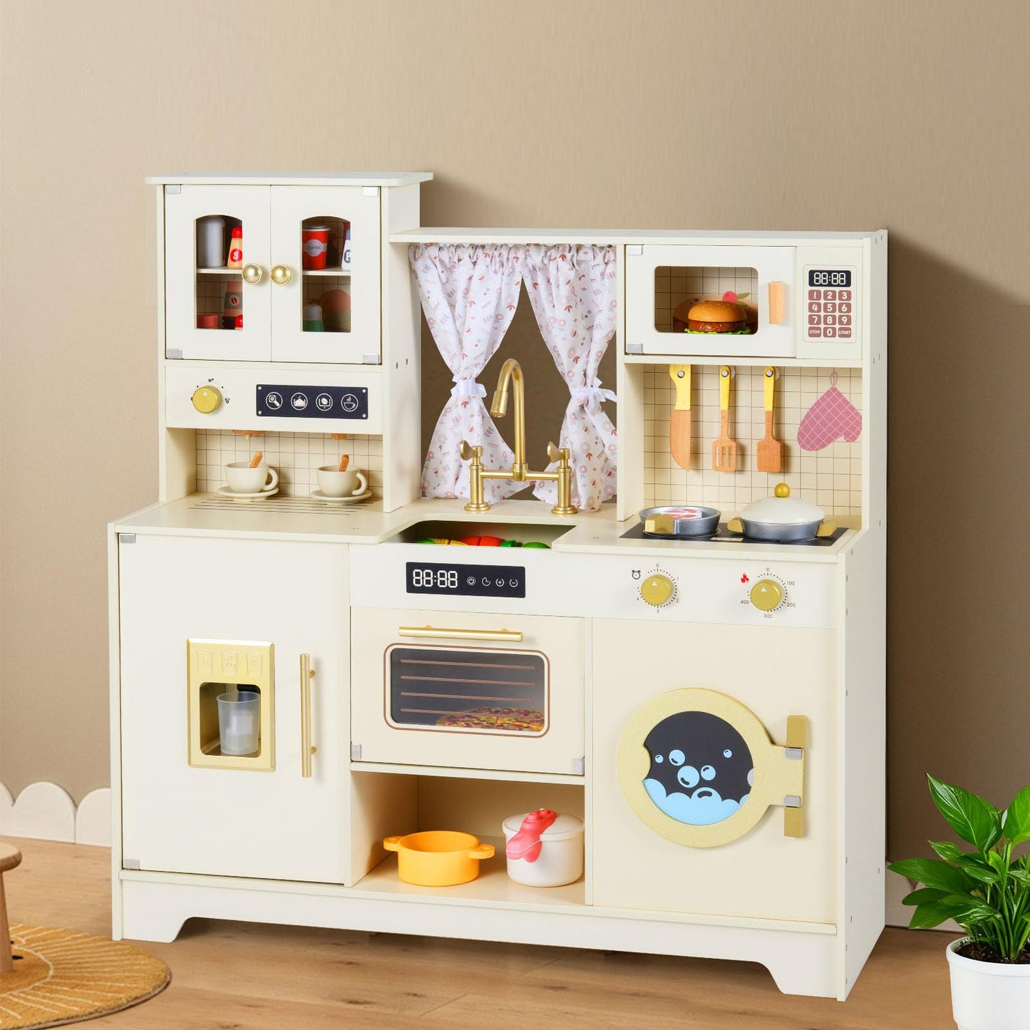 Kids Wooden Kitchen, Pretend Play Kitchen with Stoves