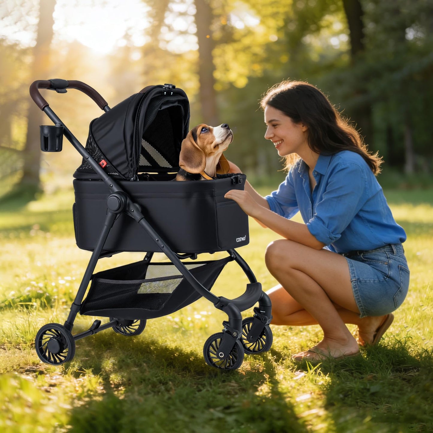 Pet Stroller, 3 in 1 Folding Dog Pram with Detachable Car Seat Carrier