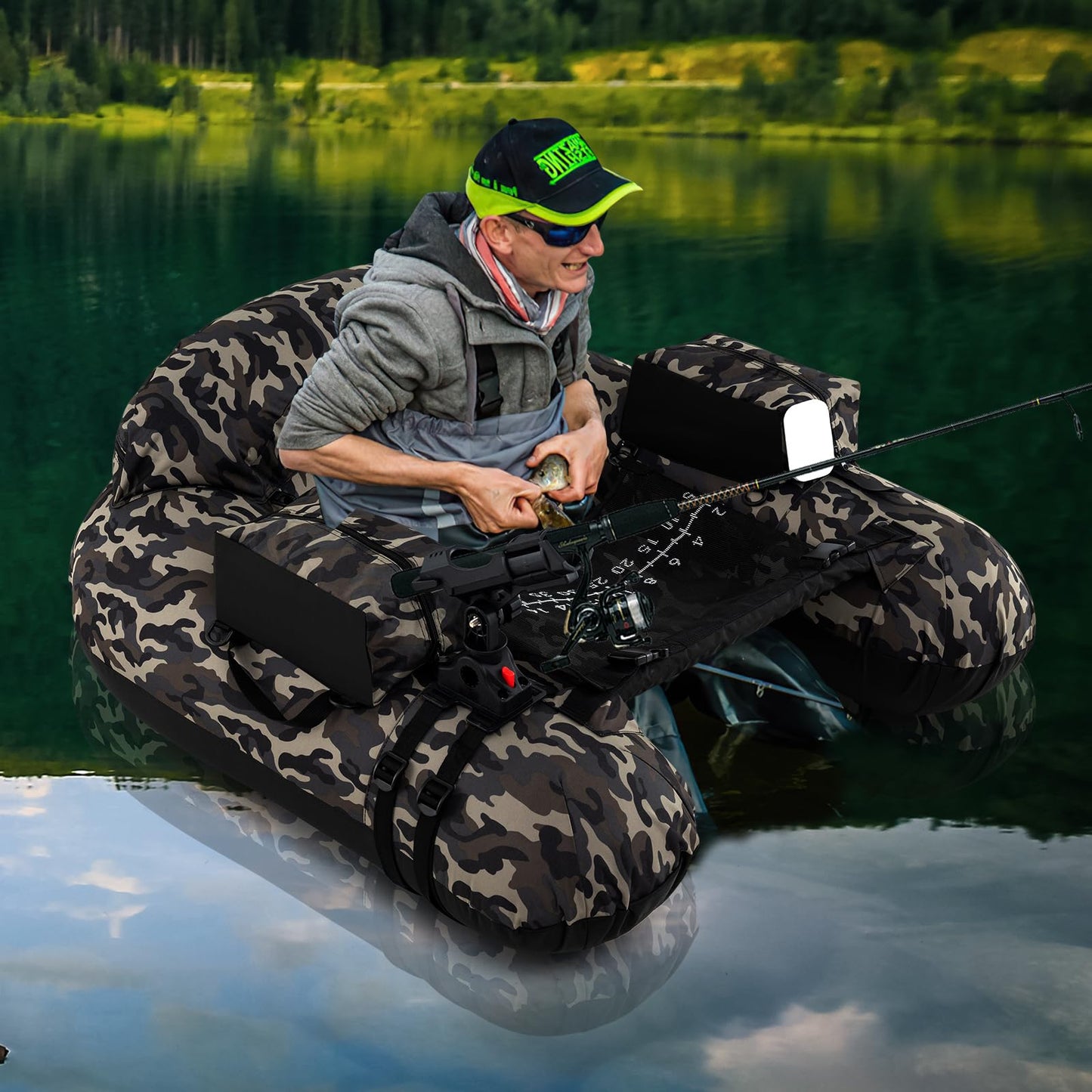 Fishing Boat with Pump, Adjustable Straps, Paddle, Pockets, Fish Ruler, Rod Holder
