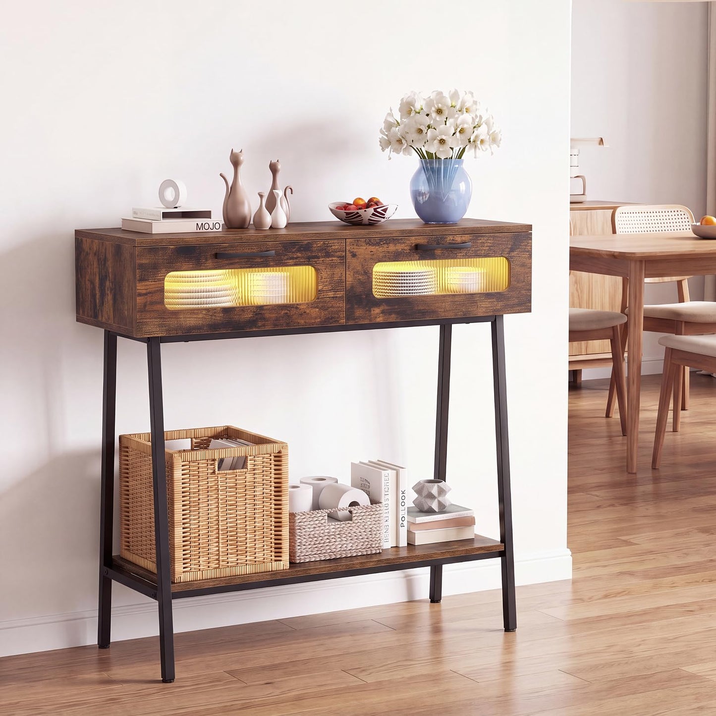 2-Tier Farmhouse Console Table with Colorful LED Lights and Open Shelf