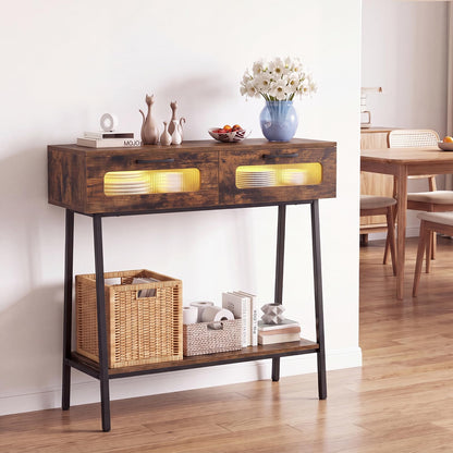2-Tier Farmhouse Console Table with Colorful LED Lights and Open Shelf